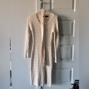 MEROKEETY V Neck Cable Knit Sweater Dress with Belt
